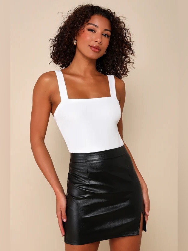 Lulus Corte Vegan Leather Mini Skirt Women M Black High Waisted Front Slit